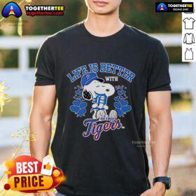 Alt Text: Official Snoopy Life Is Better With Tigers T-Shirt featuring Snoopy and vibrant tiger graphics, perfect for fans.
