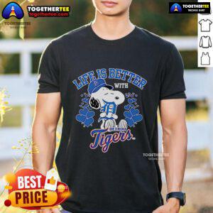 Alt Text: Official Snoopy Life Is Better With Tigers T-Shirt featuring Snoopy and vibrant tiger graphics, perfect for fans.