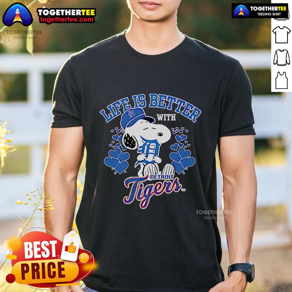 Alt Text: Official Snoopy Life Is Better With Tigers T-Shirt featuring Snoopy and vibrant tiger graphics, perfect for fans.