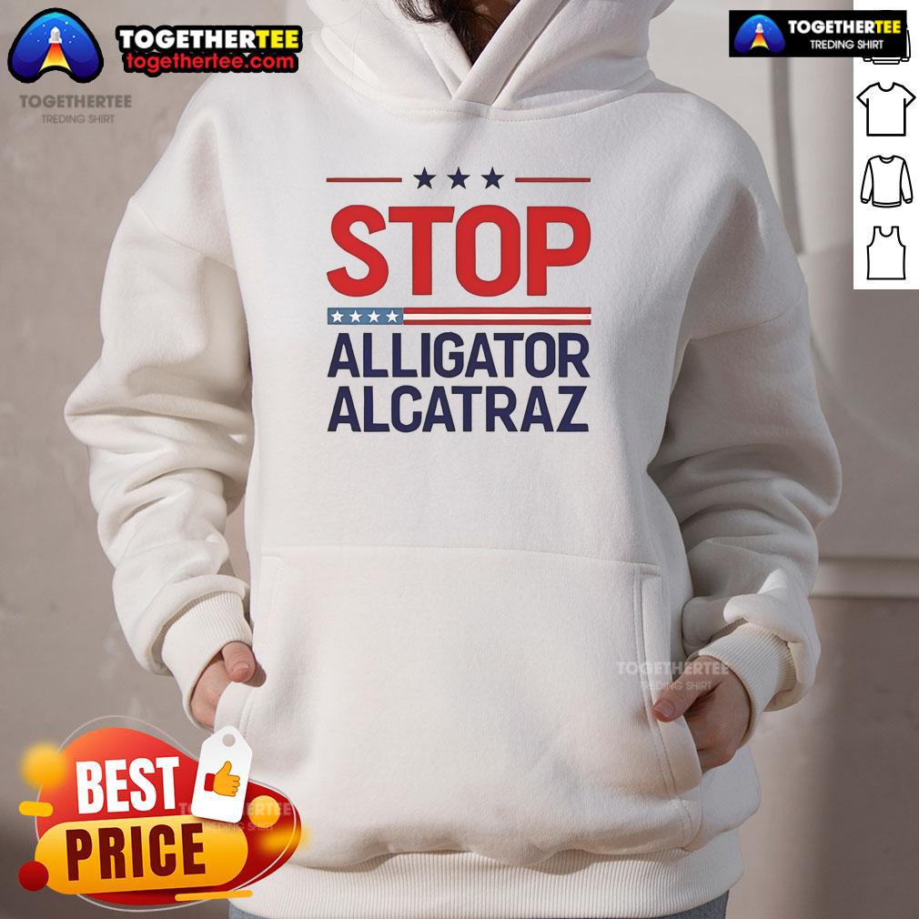 Official Stop Alligator Alcatraz Protest Hoodie showcasing bold graphics and a vibrant design, perfect for activists.