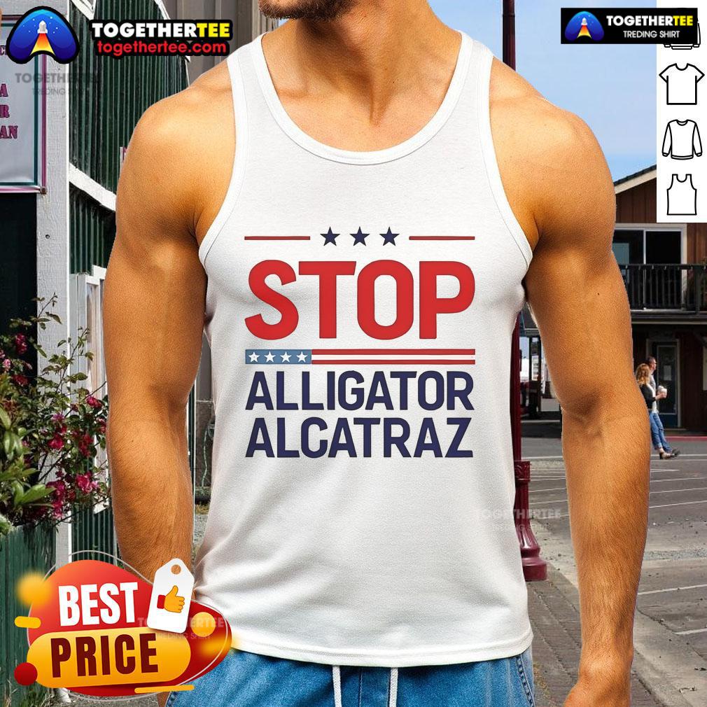 Official Stop Alligator Alcatraz Protest Tank Top featuring bold graphics, perfect for eco-activists and protest supporters.