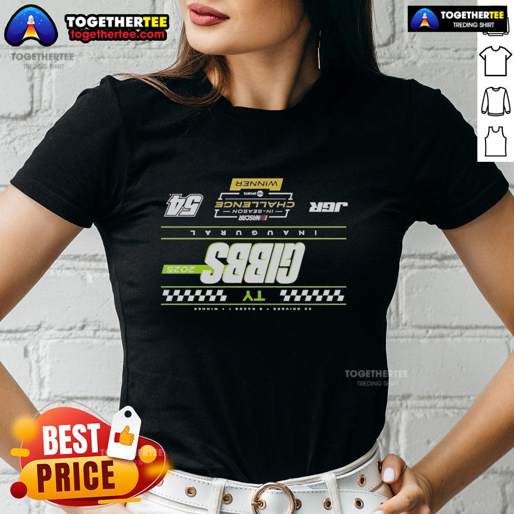 Alt Text: Official TY Gibbs Checkered 2025 NASCAR Cup Series In-Season Challenge Winner Ladies Tee, stylish and sporty design.