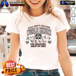 Alt Text: Official logo for The Greatest Show on Dirt 2025 NCAA Men's College World Series on a ladies' tee shirt.