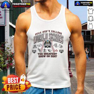 Official The Greatest Show On Dirt 2025 NCAA Men's College World Series logo tank top for fans and players.