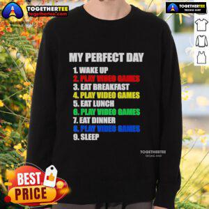 Alt Text: Official The Perfect Gaming Day Gamers Sweatshirt in black with gamer graphics, perfect for cozy gaming sessions.