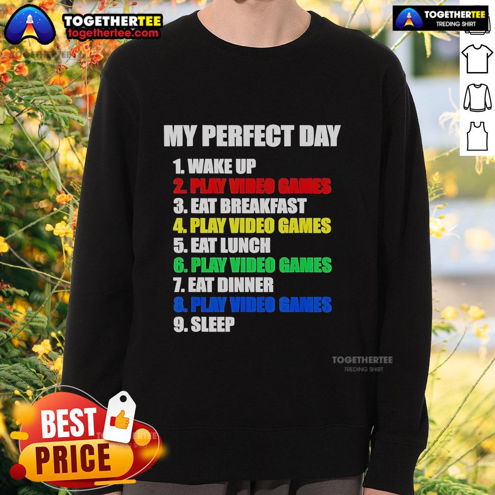 Alt Text: Official The Perfect Gaming Day Gamers Sweatshirt in black with gamer graphics, perfect for cozy gaming sessions.
