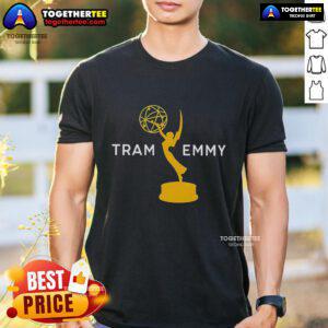 Official Tramell Tillman wearing Tram Emmy T-Shirt, showcasing stylish design and promotional branding.