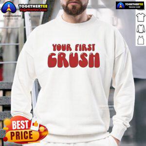 Official Trish Stratus sweatshirt featuring 'Your First Crush' design, perfect for fans of WWE and casual wear.