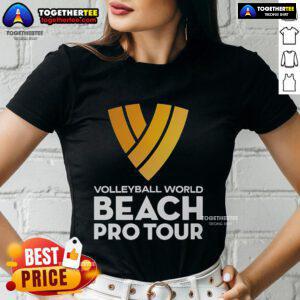 Official Volleyball World Beach Pro Tour ladies tee featuring vibrant design and logo, perfect for beach volleyball fans.