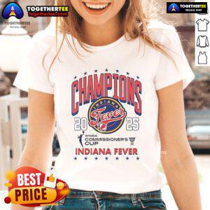 Official WNBA Commissioner's Cup 2025 Champion Indiana Fever ladies tee showcasing team logo and vibrant design.