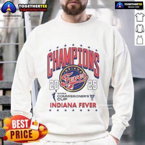 Official WNBA Commissioner's Cup 2025 Champion Indiana Fever sweatshirt showcasing team logo and vibrant colors.