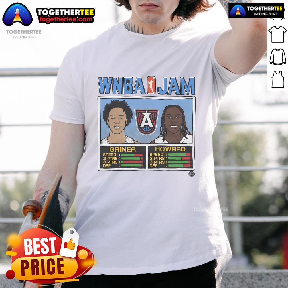 Alt Text: Official WNBA Jam Dream Griner and Howard T-Shirt featuring vibrant graphics of top players for basketball fans.