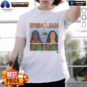 Alt Text: Official WNBA Jam Mercury Copper and Sabally T-Shirt featuring team colors and player graphics for basketball fans.