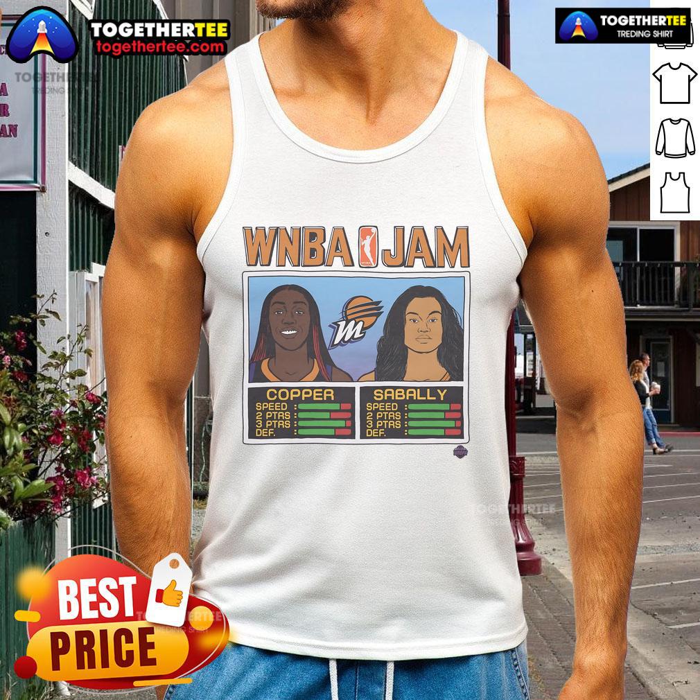 Alt Text: Official WNBA Jam Mercury Copper and Sabally tank top featuring vibrant team colors and player graphics.