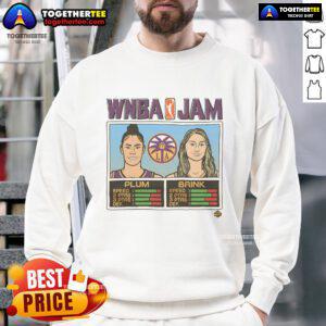 Official WNBA Jam sweatshirt featuring Sparks players Plum and Brink in vibrant team colors, perfect for fans.