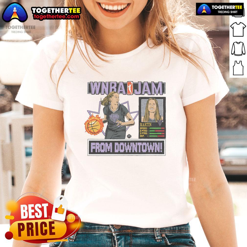 Kate Martin wearing the Official WNBA Jam Valkyries Ladies Tee, showcasing team spirit and style.