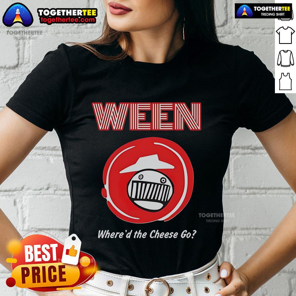 Official Ween Pizza Hut 'Where'd the Cheese Go' ladies tee featuring playful graphic design and vibrant colors.