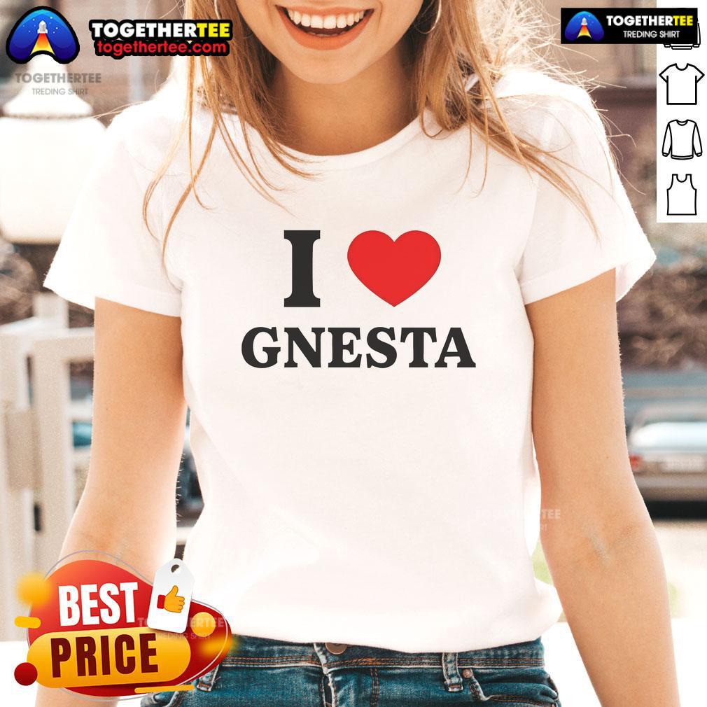 Alt Text: Official Will Ferrell I Love Gnesta ladies tee featuring a stylish design and vibrant colors, perfect for fans.