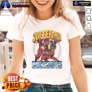 Official X-Men Juggernaut vs Colossus Ladies Tee featuring vibrant comic art of the iconic superhero duel.