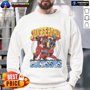 Official X-Men Juggernaut vs Colossus sweatshirt featuring vibrant comic art of the iconic Marvel characters.