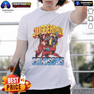 Official X-Men Juggernaut Vs Colossus T-Shirt featuring vibrant graphics of iconic Marvel characters in action.