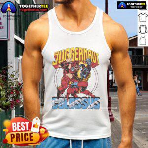 Official X-Men Juggernaut vs Colossus tank top featuring vibrant comic art of the iconic Marvel characters.