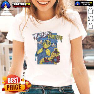 Official X-Men Wolverine vs Sabretooth ladies tee featuring vibrant artwork of the iconic battle between the two characters.