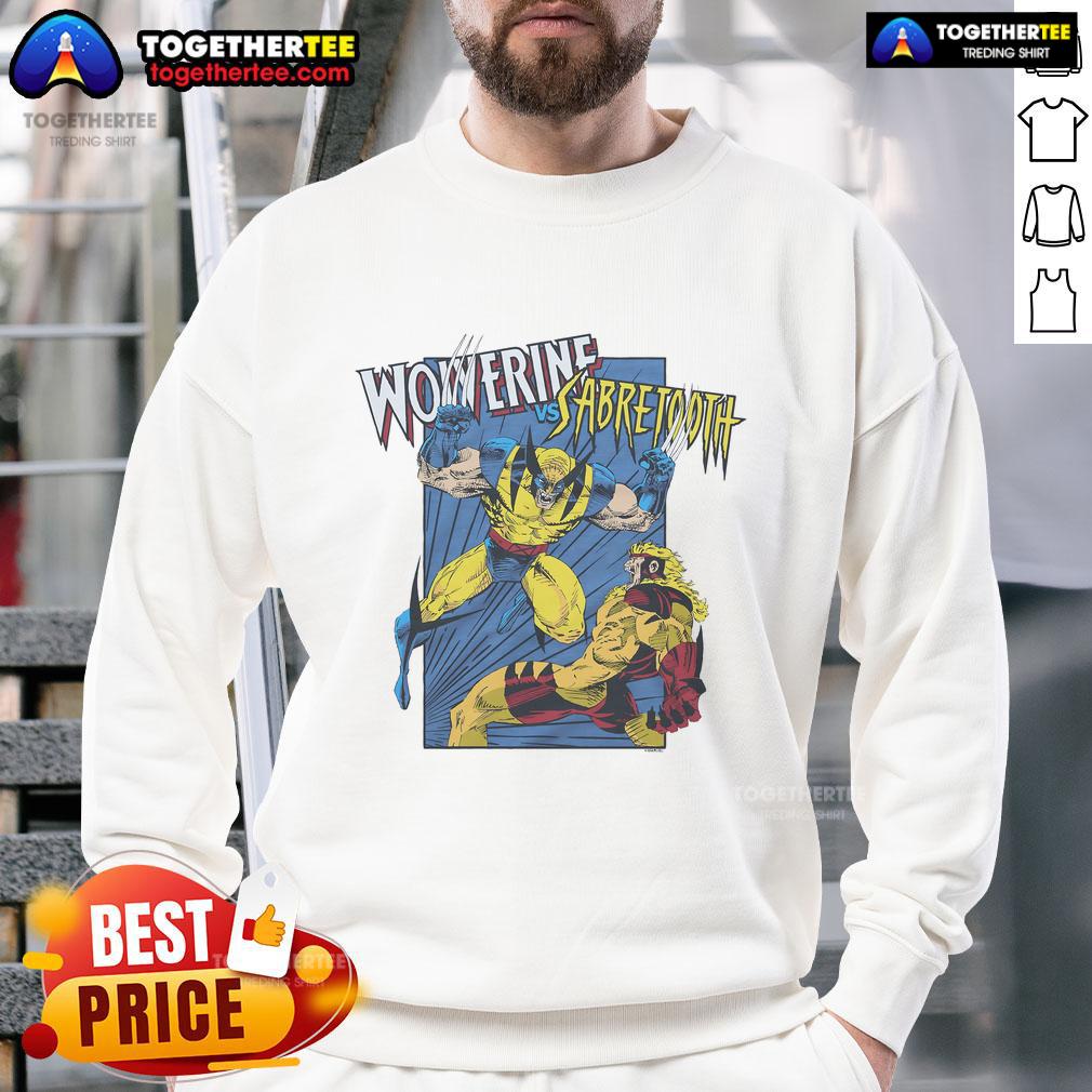 Official X-Men Wolverine vs Sabretooth sweatshirt featuring dynamic comic art of the iconic battle.