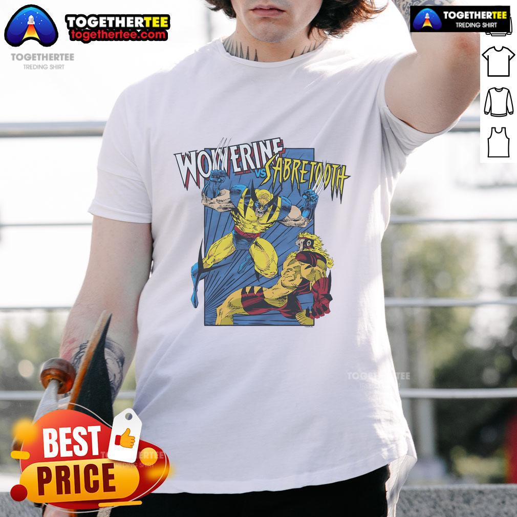 Official X-Men Wolverine Vs Sabretooth T-Shirt featuring vibrant artwork of Wolverine battling Sabretooth.