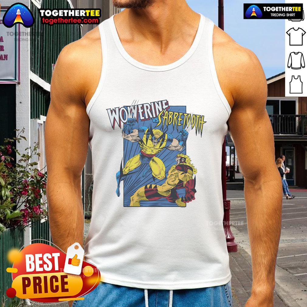 Official X-Men Wolverine vs Sabretooth tank top featuring bold graphics of Wolverine and Sabretooth in action.