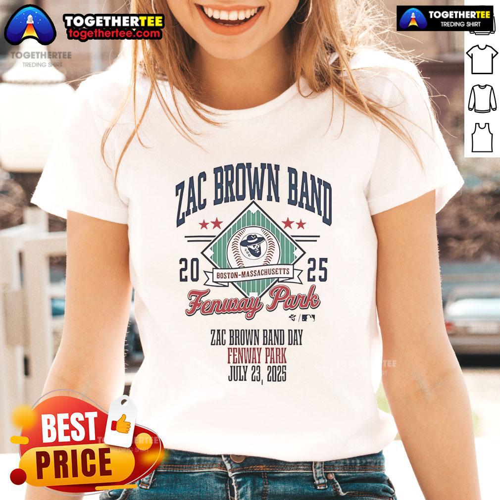 Zac Brown Band ladies tee from their 2025 concert at Fenway Park, Boston MA, featuring vibrant graphics and a stylish design.