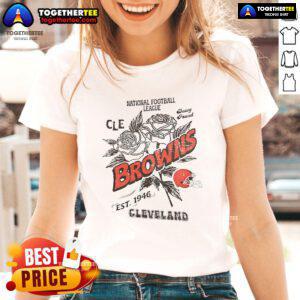 Alt Text: Original Cleveland Browns Rose Ladies Tee, National Football League, established 1946, stylish women's fan apparel.