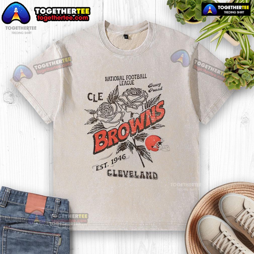 Alt Text: Original Cleveland Browns rose washed t-shirt, celebrating the National Football League since 1946, stylish and comfortable.