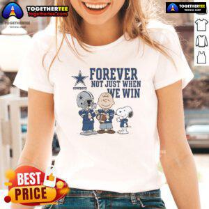 Alt Text: Original Dallas Cowboys Charlie Brown Snoopy tee featuring 'Cowboys Forever' slogan for ladies.