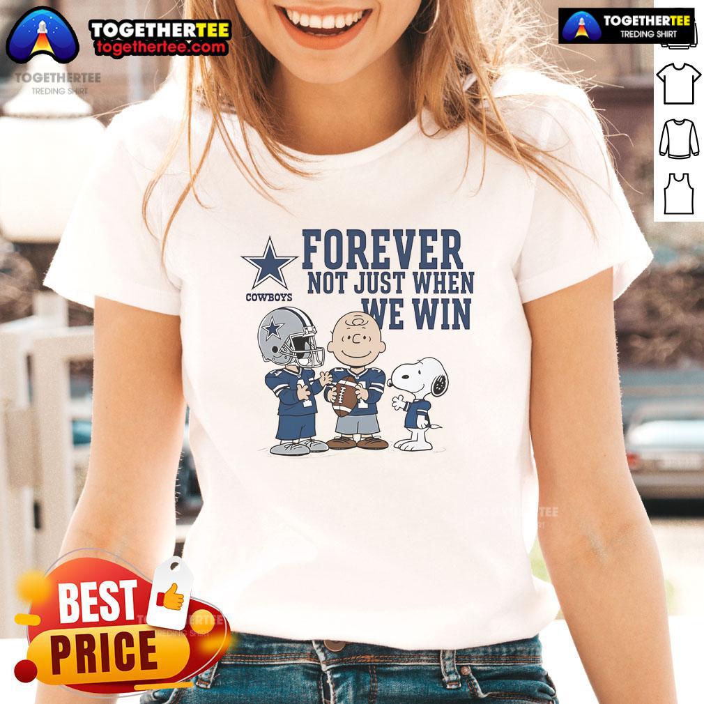 Alt Text: Original Dallas Cowboys Charlie Brown Snoopy tee featuring 'Cowboys Forever' slogan for ladies.