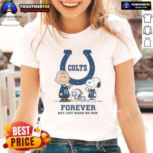 Alt Text: Original Indianapolis Colts Charlie Brown Snoopy tee with Colts Forever Not Just When We Win for ladies.