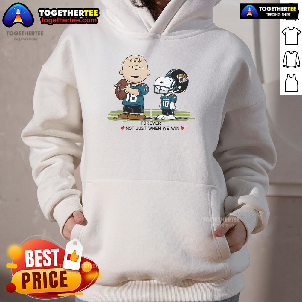 Original Jacksonville Jaguars Charlie Brown Snoopy hoodie featuring 'Jaguars Forever Not Just When We Win' design.