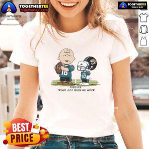 Alt Text: Original Jacksonville Jaguars Charlie Brown Snoopy tee for ladies, featuring 'Jaguars Forever' slogan in vibrant design.
