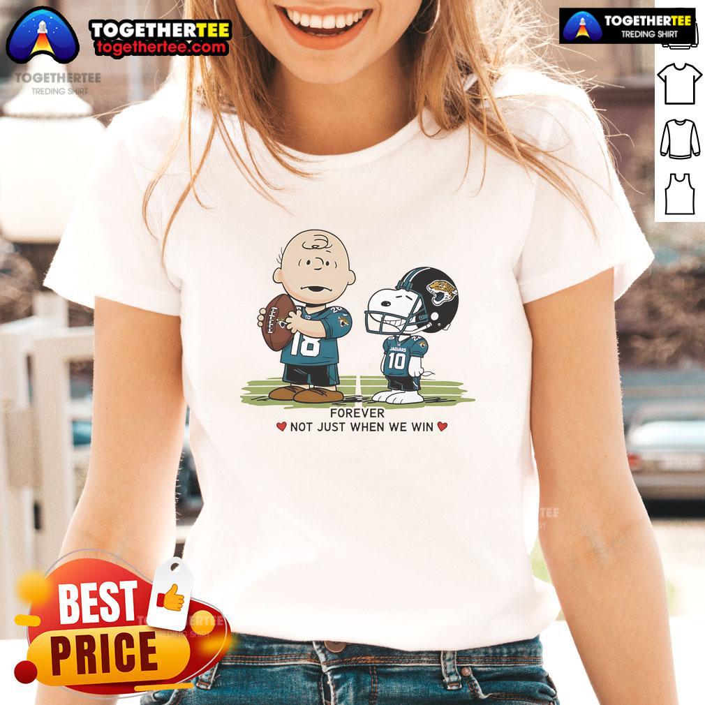 Alt Text: Original Jacksonville Jaguars Charlie Brown Snoopy tee for ladies, featuring 'Jaguars Forever' slogan in vibrant design.