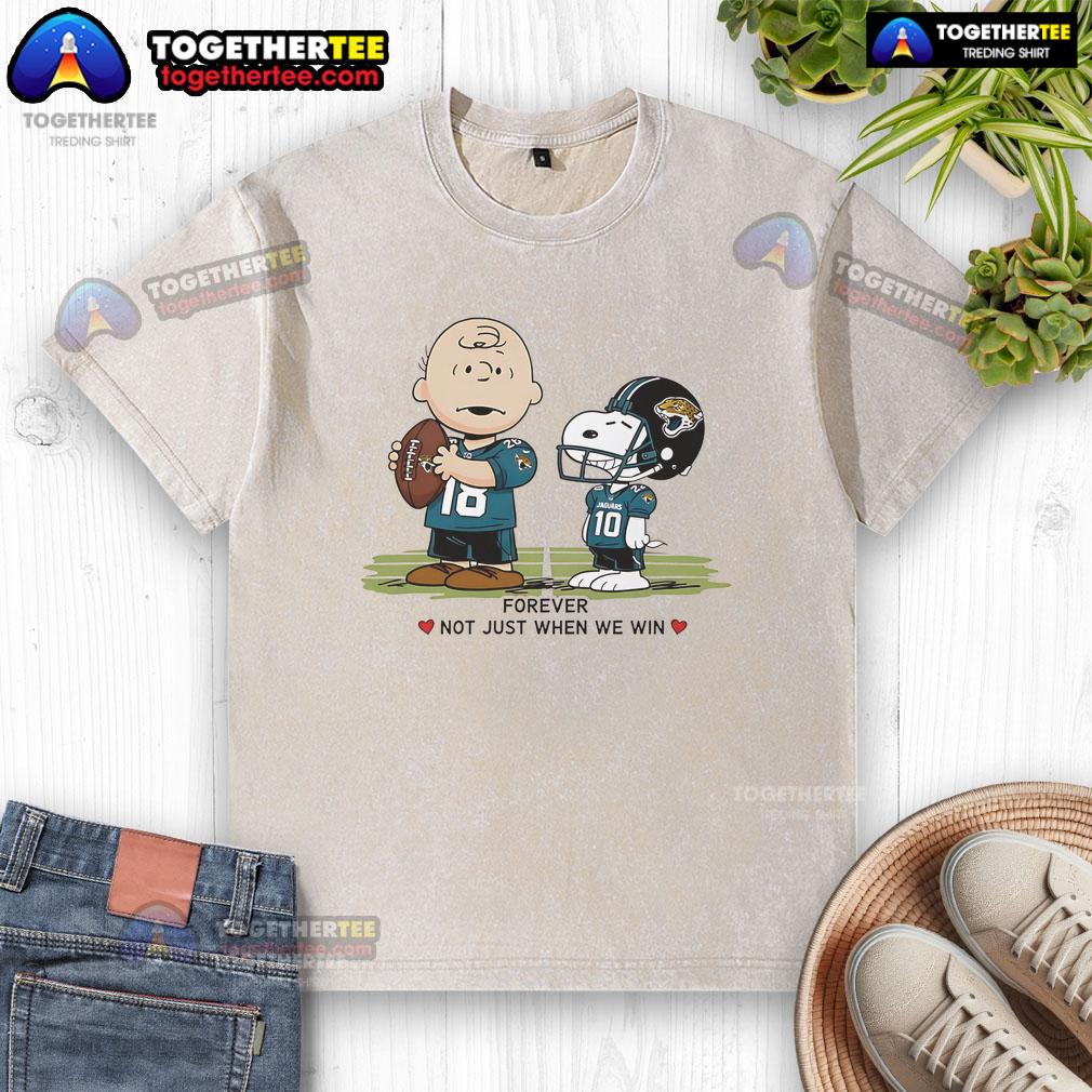 Alt Text: Original Jacksonville Jaguars Charlie Brown Snoopy shirt featuring Jaguars Forever, Not Just When We Win design.