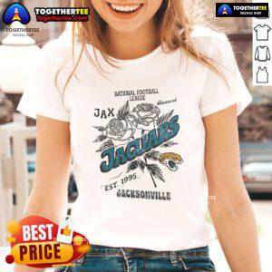 Original Jacksonville Jaguars rose tee for ladies, celebrating the NFL team established in 1995.