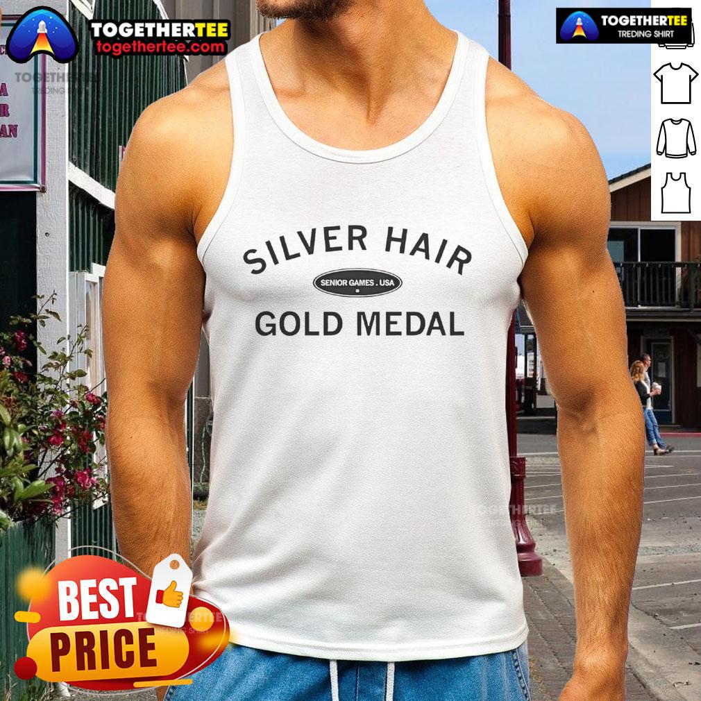 Original Silver Hair Gold Medal Senior Games USA Tank Top showcasing pride in athletic achievement for senior athletes.