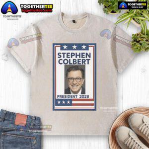 Original Stephen Colbert President 2028 washed t-shirt featuring a vibrant design for fans of the comedian and politics.