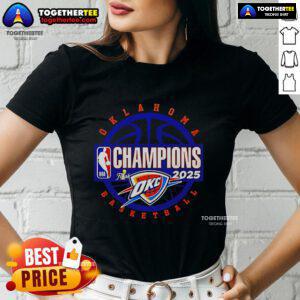 Alt Text: Premium 2025 NBA Finals Champions Oklahoma City Thunder Circle Ladies Tee featuring team colors and logo design.