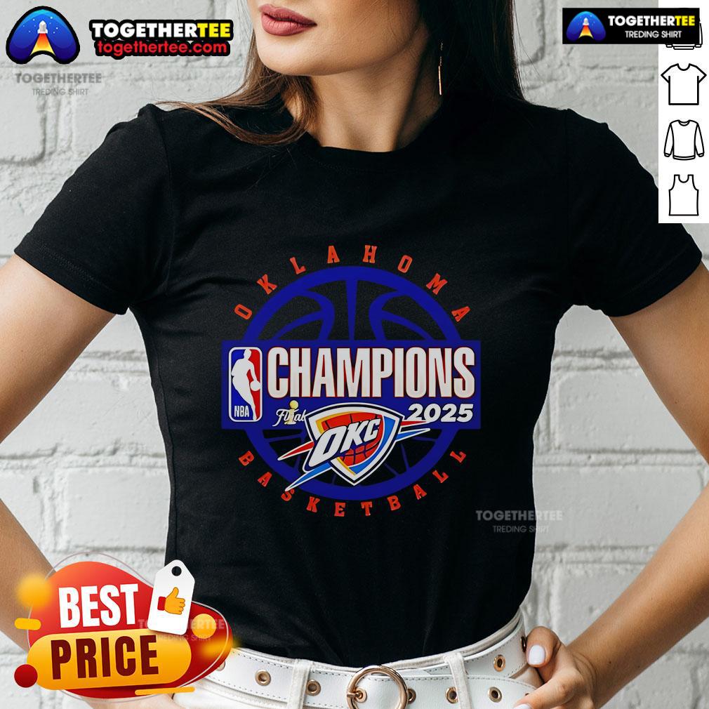 Alt Text: Premium 2025 NBA Finals Champions Oklahoma City Thunder Circle Ladies Tee featuring team colors and logo design.