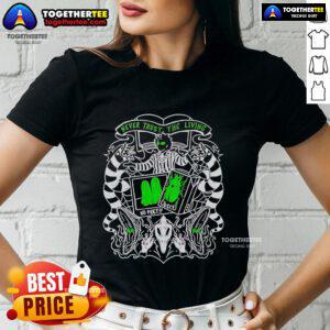 Premium Beetlejuice Never Trust The Living Ladies Tee featuring iconic movie graphics and vibrant colors.