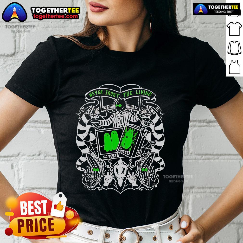 Premium Beetlejuice Never Trust The Living Ladies Tee featuring iconic movie graphics and vibrant colors.