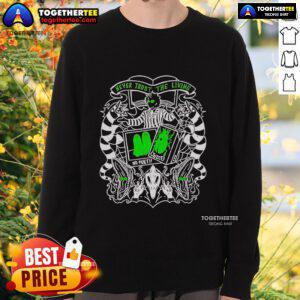 Premium Beetlejuice Never Trust The Living Sweatshirt featuring iconic movie graphics in vibrant colors.