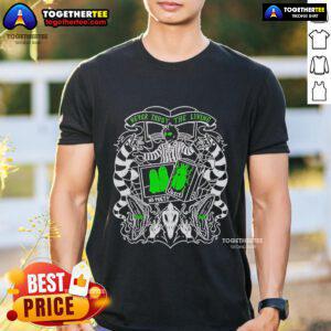 Premium Beetlejuice Never Trust The Living T-Shirt featuring iconic movie graphics for fans of the classic film.