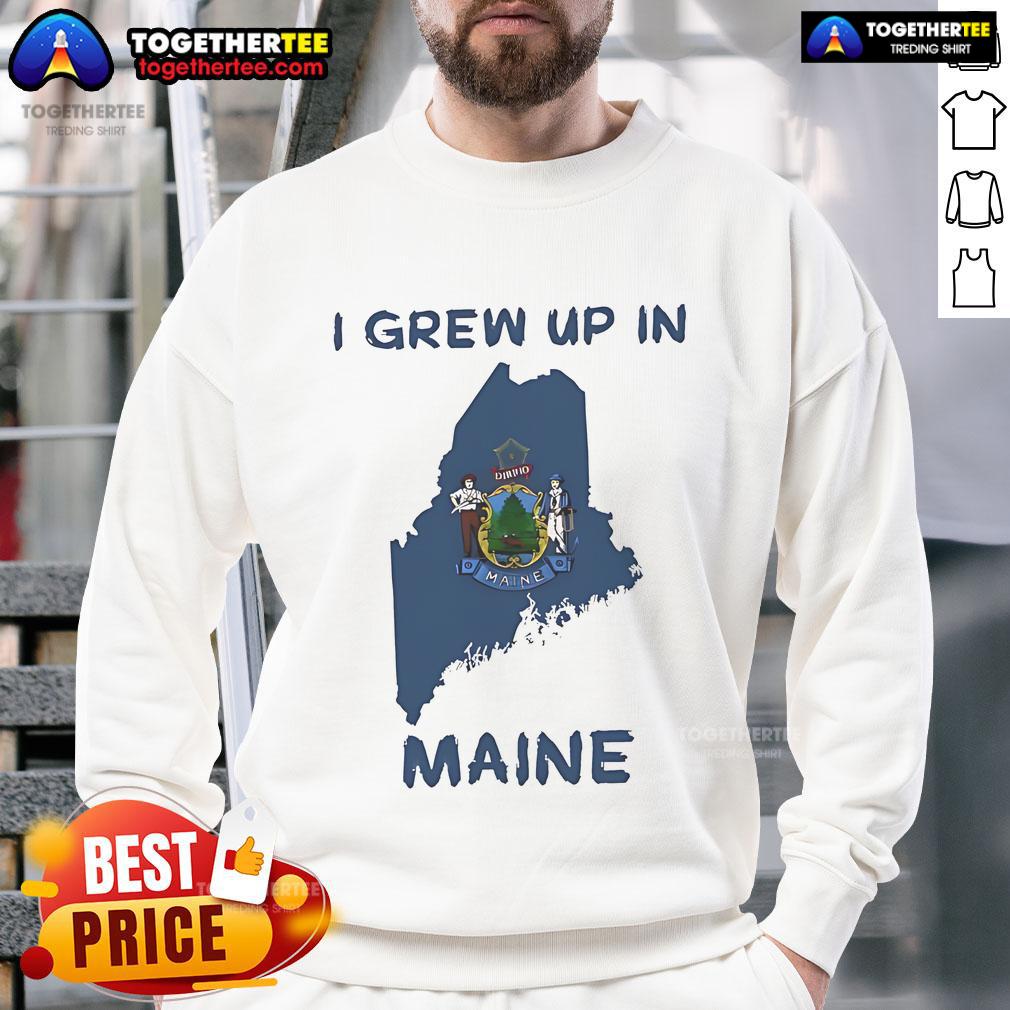 Cozy Premium I Grew Up In Maine Sweatshirt in navy blue, perfect for showcasing Maine pride and casual style.